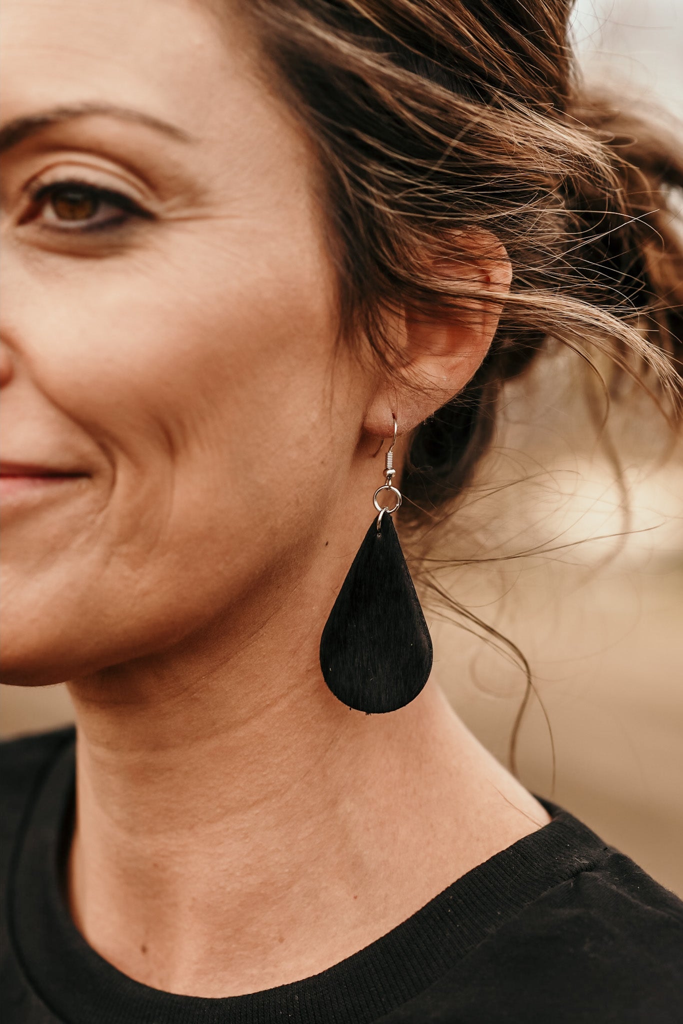 Black Cowhide Tear Drop Earrings