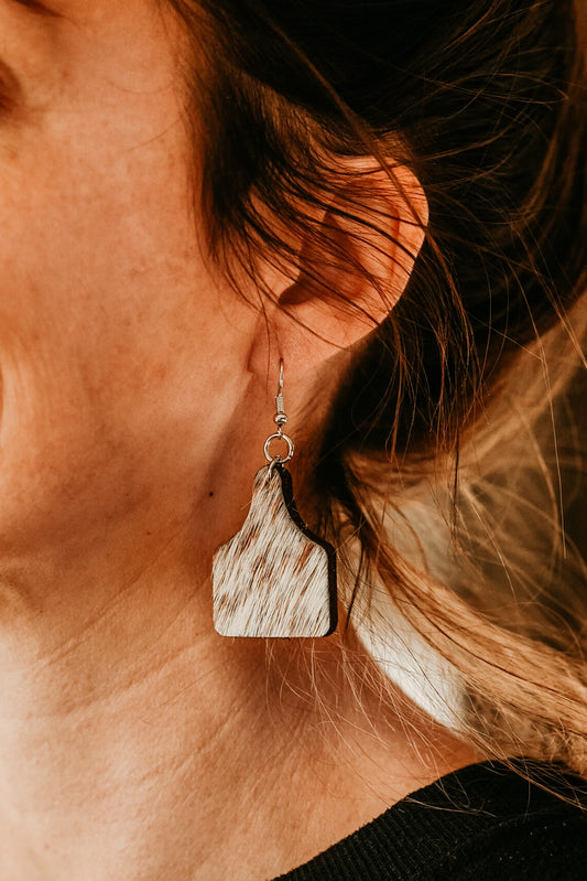 Cowhide Cow Tag Earrings